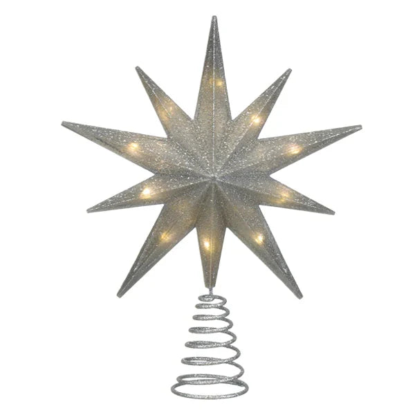 Lit 12" silver glitter star treetop with warm lights shining through the sparkling star design.