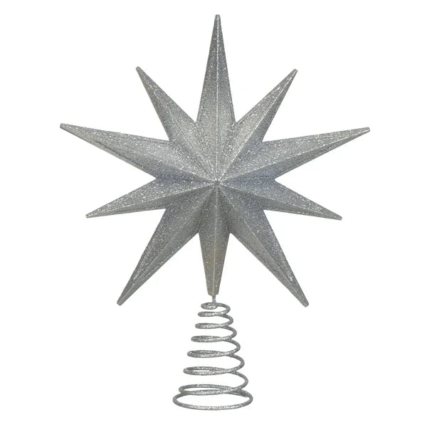 Unlit 12" silver glitter star treetop with a classic multi-point star shape and spiral base.