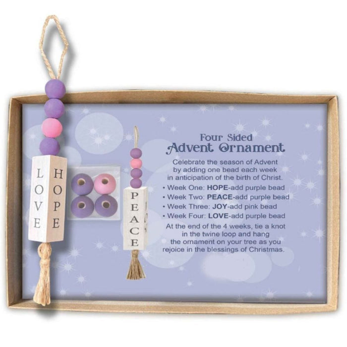 Boxed Four Sided Advent Ornament Activity with wooden ornament, purple and pink beads, and printed instructions for each week of Advent.