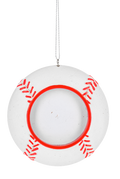 Baseball picture frame ornament shaped like a baseball with red stitched details and a circular center opening for a photo.