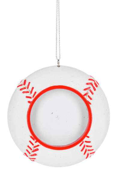 Baseball picture frame ornament shaped like a baseball with red stitched details and a circular center opening for a photo.
