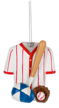Baseball jersey ornament featuring a white shirt with red pinstripes, paired with a bat, glove, baseball, and cap.