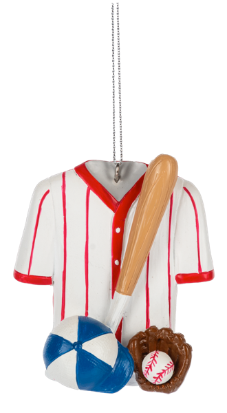 Baseball jersey ornament featuring a white shirt with red pinstripes, paired with a bat, glove, baseball, and cap.