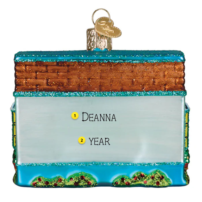 Decorative ornament of a bookshop with books and a door, on a white background Back of ornament can be personalized