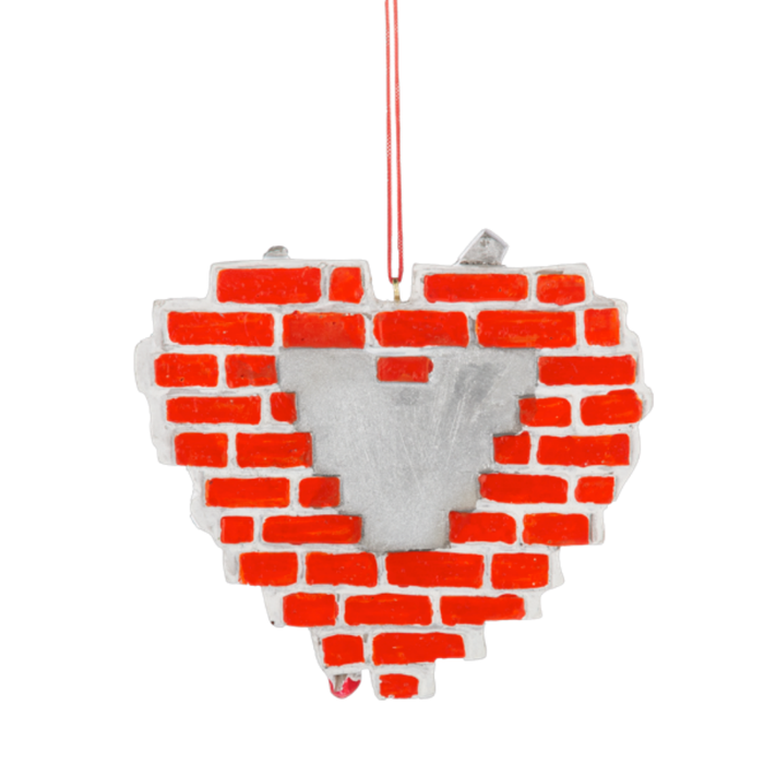 Back of Personalized Born to Fix ornament shaped like a red brick wall with a silver personalization area for a name and year.