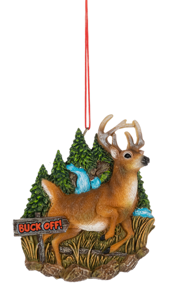Buck Off Deer ornament featuring a standing brown buck with antlers in a woodland scene, complete with evergreen trees, a blue waterfall, tall grass, and a rustic “Buck Off!” sign.
