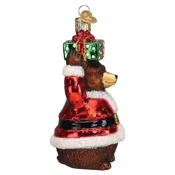 Bear dressed in Christmas Outfit with Present  Glass