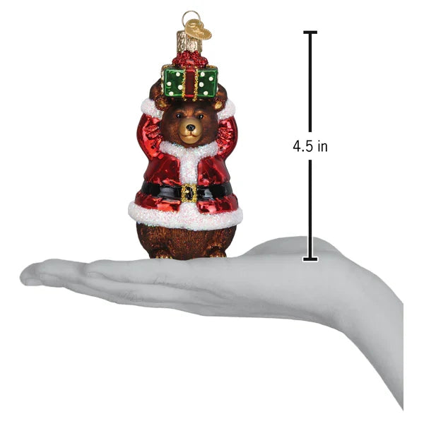 Glass Bear dressed in Christmas Outfit with Present