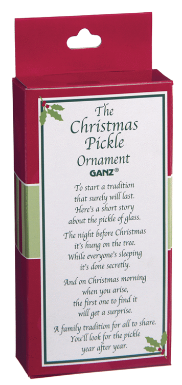 Red Christmas Pickle ornament gift box printed with the story of the Christmas pickle tradition on the front.
