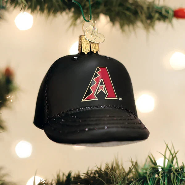 Arizona Diamondbacks Black cap-shaped ornament with a red 'A' logo on a Christmas tree.