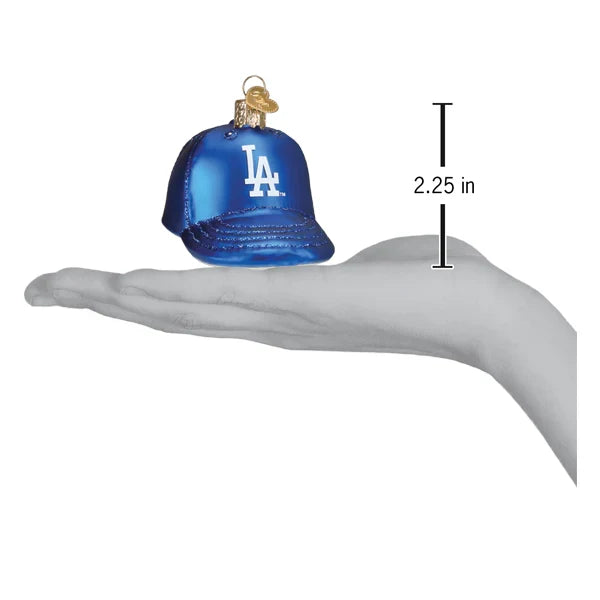 Blue baseball cap ornament with 'LA' logo on a hand palm, showing measurement 2.25 inches.