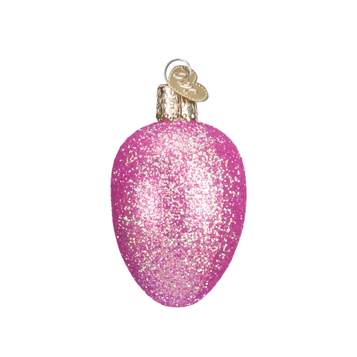 Pink glittery Egg shaped Christmas ornament on a white background