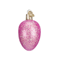 Pink glittery Egg shaped Christmas ornament on a white background