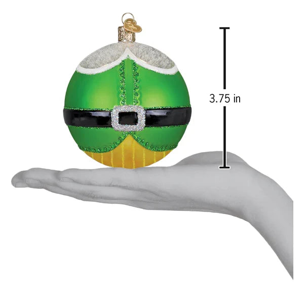 Green ornament with a belt and measurements shown on a hand