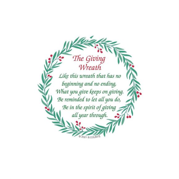 Poem card for the Facets Giving Wreath Ornament featuring “The Giving Wreath” message surrounded by illustrated greenery and red berries.