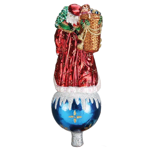 Back view of Father Christmas tree topper in a red robe with a basket on his back, standing on a blue ornament-style base.