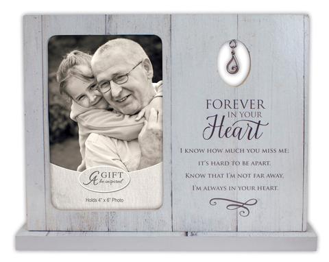 Memorial photo frame with a 4 x 6 photo opening, teardrop accent, and Forever in Your Heart sentiment on a whitewashed wood-look background.
