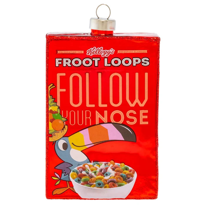 Froot Loops cereal box Christmas ornament with toucan and fruit design on a white background