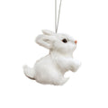 White rabbit ornament with silver hanger against a white background