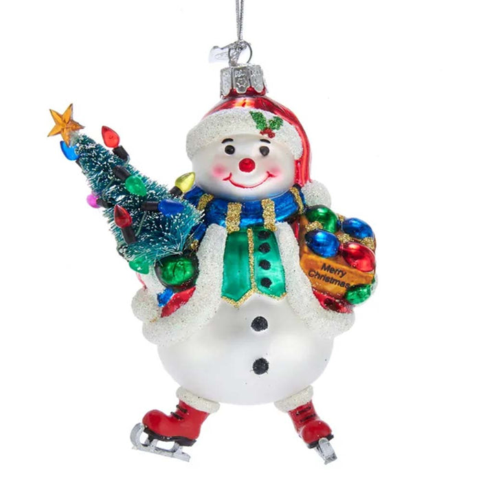 Glass Snowman With Christmas Tree on Ice skates Ornament