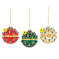 Glittered hinged ball ornaments that open, in red, green, and ivory with gold garland details and green jewel accents