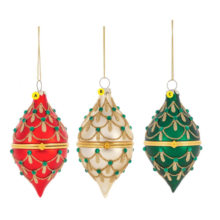 Glittered hinged drop ornaments shown in three assorted colors, featuring red, ivory, and green finial-style designs with gold glitter trim and green jewel accents.