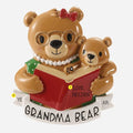 Personalized Grandma Bear ornament with a bear in glasses and pearl necklace reading a red book with a small cub and white banner for a year.