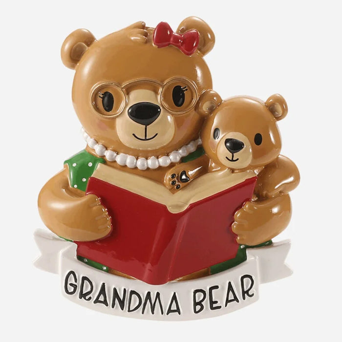 Decorative ornament of a bear holding a baby bear, labeled 'Grandma Bear', on a white background.