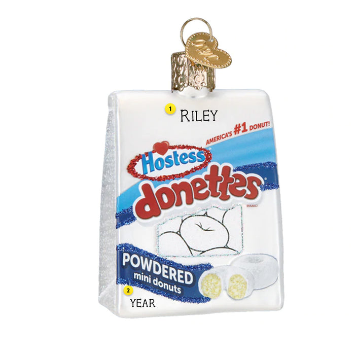 Personalized Glass Christmas Ornament that looks like a Hostess Donettes Donut Bag