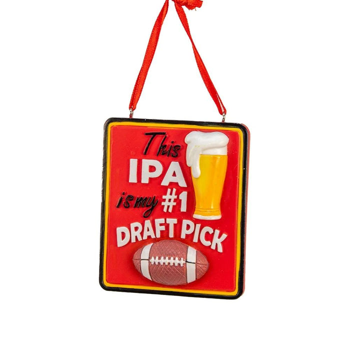 Red IPA draft pick ornament with a pint glass, football, and “This IPA is my #1 draft pick” lettering.