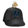 Black baseball cap ornament with Marlins logo on a white background