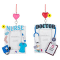 Two medical picture frame ornaments shown side by side, including a nurse frame with scrubs, thermometer, bandages, and stethoscope accents, and a doctor frame with stethoscope, clipboard, syringe, and prescription bottle accents.