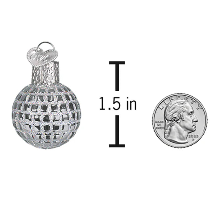 Decorative silver disco ball ornament with intricate design on a white background with size