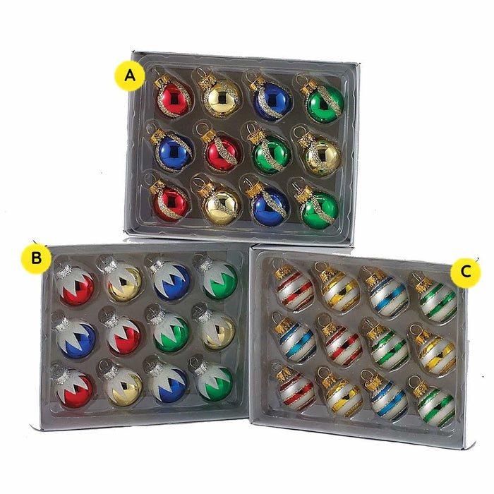 Three boxed sets of mini glass ball ornaments in assorted red, gold, blue, and green designs, including shiny glittered, snowcap, and striped styles.