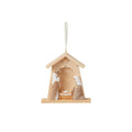 Nativity creche ornament shaped like a wooden stable with Mary, Joseph, and baby Jesus, featuring an O Holy Night message and white ribbon hanger.
