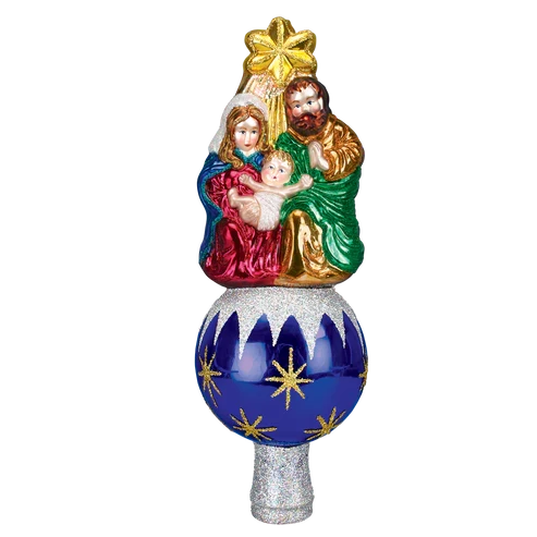 Nativity tree topper featuring Mary, Joseph, and Baby Jesus beneath a gold star on a blue ornament-style base with snowy white accents.