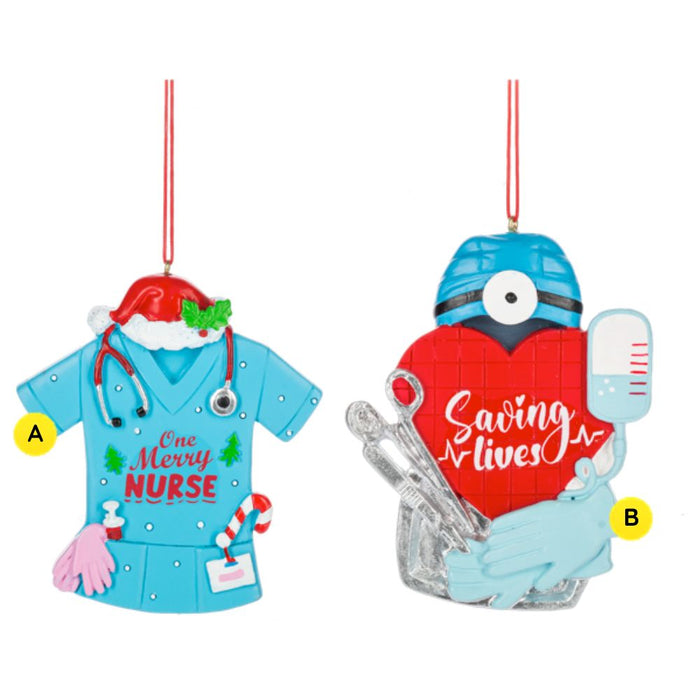 Two nurse Christmas ornaments shown side by side, including blue scrubs with “One Merry Nurse” and a Santa hat, and a heart-shaped medical ornament that reads “Saving Lives.”