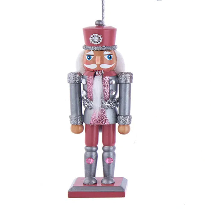 Wooden Nutcracker Ornament in Pewter and Pink