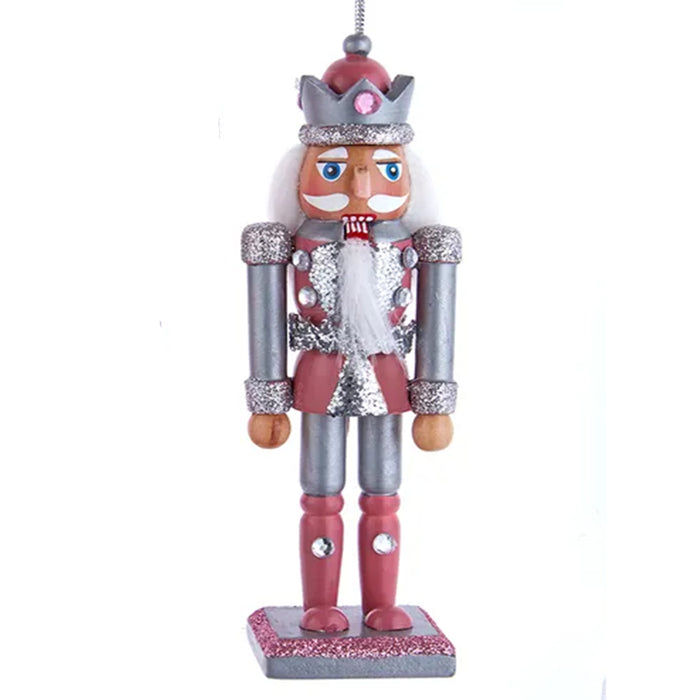 Wooden Nutcracker Ornament with Crown in Pinks and Pewter