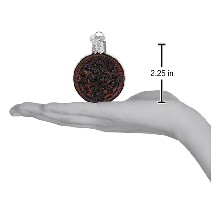Decorative ornament shaped like a cookie with 'Oreo' branding on a white background showing size