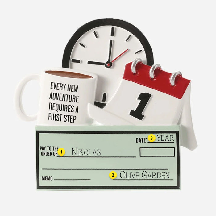 Calendar, mug, and checkbook ornament with personalized text on a white background