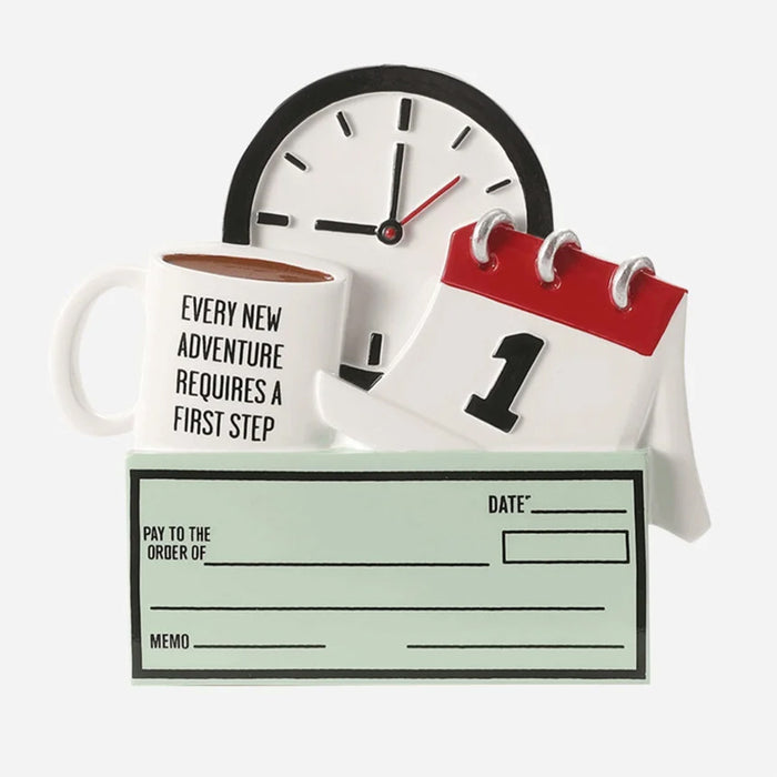 Calendar, mug, and checkbook ornament with personalized text on a white background
