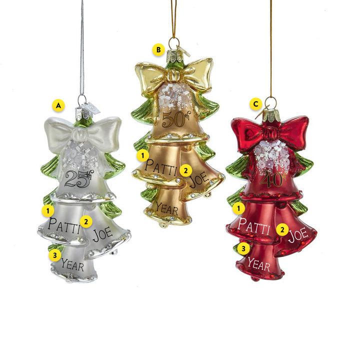 Glass 25th, 40th or 50th Anniversary Bell Christmas Tree Ornament