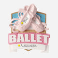 Pink ballet shoes with a bow on a blue background, featuring the word 'Ballet' and can be personalized.