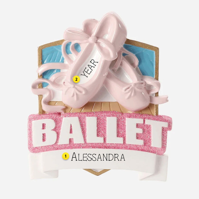 Pink ballet shoes with a bow on a blue background, featuring the word 'Ballet' and can be personalized.