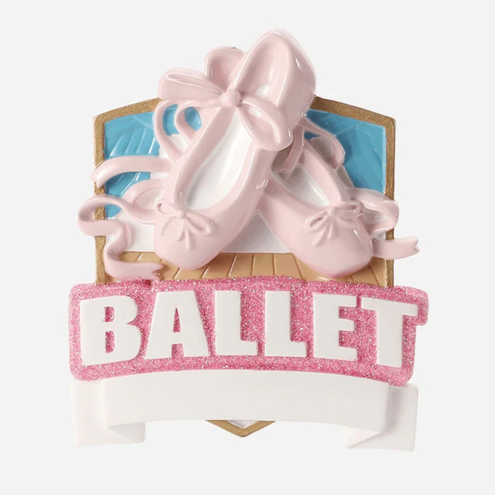 Pink ballet shoes with a bow on a blue background, featuring the word 'Ballet' and can be personalized.