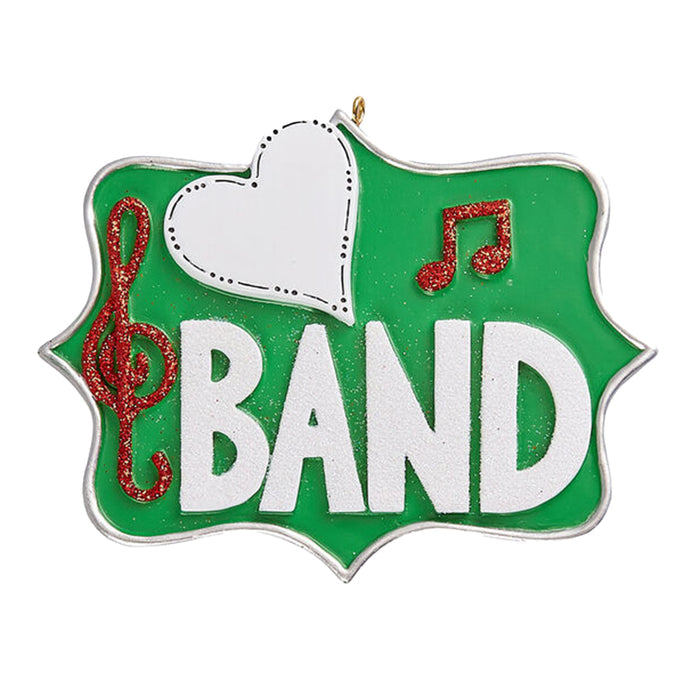 Marching Band Christmas Ornament Plaque with green background, red music notes, word band and a heart to be personalized and dated