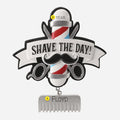 Decorative ornament with barber pole, scissors, and comb, featuring 'Shave the Day!'.