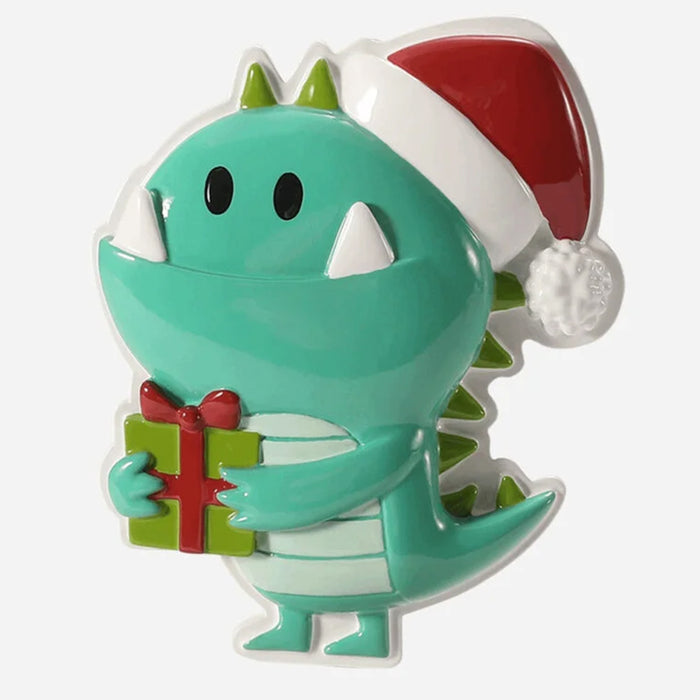 Blue Green dinosaur ornament with a Santa hat and gift, personalize it for extra special keepsake.