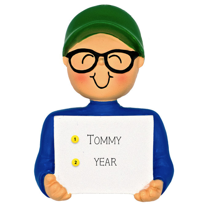 A Boy wearing glasses ornament can be personalized